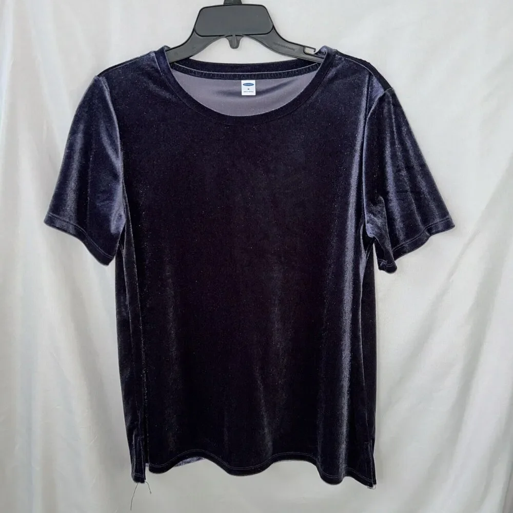 Old Navy Women’s Medium Dark Blue Velour Short Sleeve Top Shirt minimalist glam - Picture 2 of 14